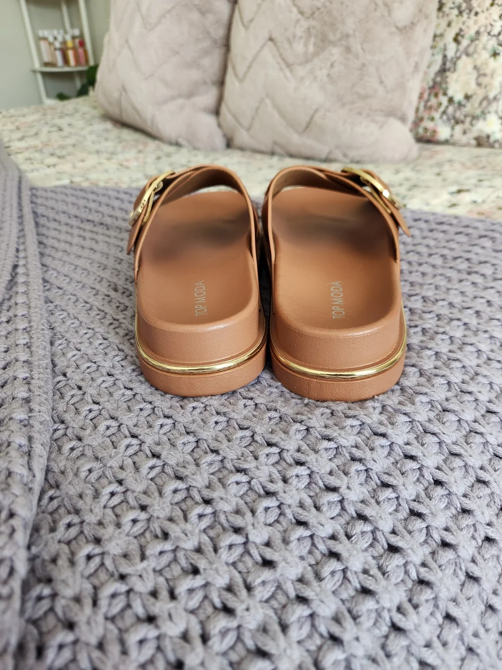 TOP Moda tan buckle slide mules with gold trim